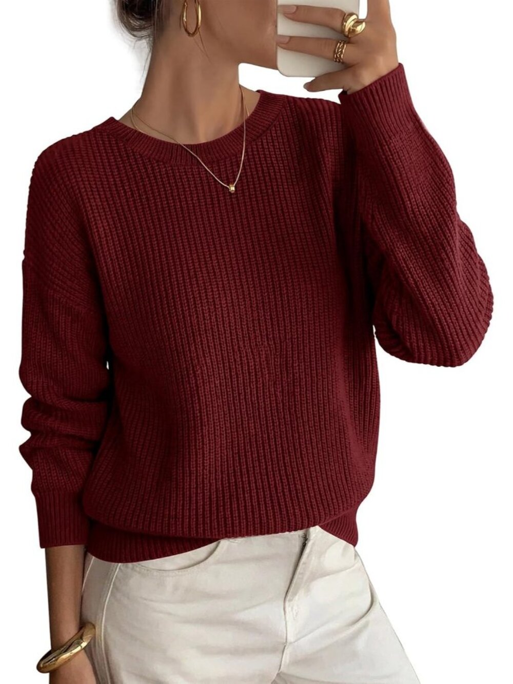 Women's Deep Red Crew Neck Long Sleeve Fall Fashion Trendy Crew Neck Sweaters